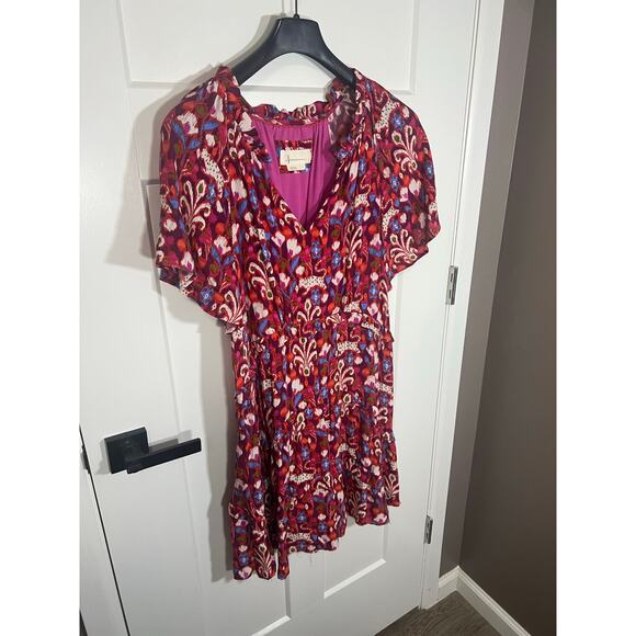 ANTHROPOLOGIE Robin Tiered Mini Dress Red Pink‎ Purple Ruffle VNeck Geo Sz L - Picture 5 of 11